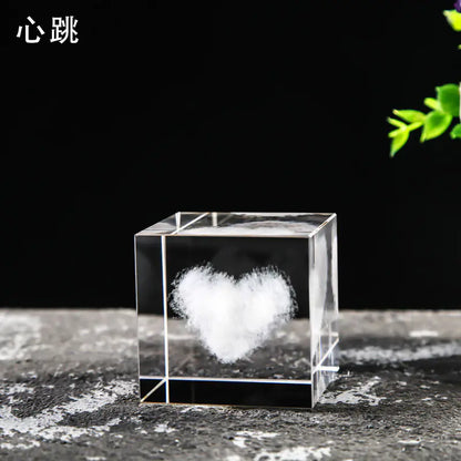 Crystal Cube with Inner Carving of Moon and Clouds