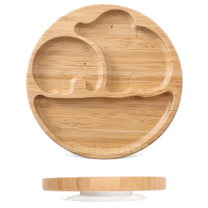 Children's Suction Bamboo Divided Plate with Spoon & Fork