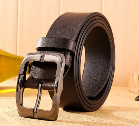 Black Leather Belt with Brown Buckle for Men