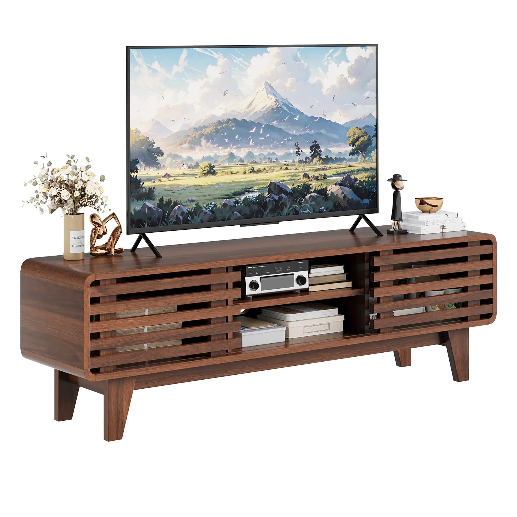 Mid Century Modern TV Stand for TVs up to 60 Inch Wood TV Consoles for Living Room Round Edge Farmhouse Television Stand with Sliding Door Entertainment Center with Storage Media Console Walnut