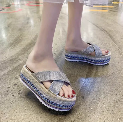 Rhinestone Waterproof Platform Toe Women's Slippers