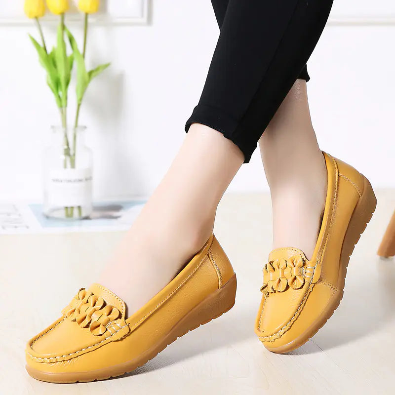 Genuine Leather Slip-On Flats with Bow for Women
