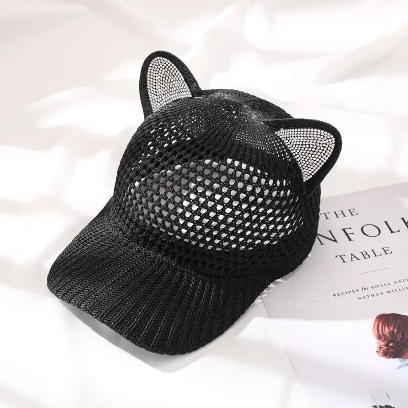 Cute Cat Ear Baseball Cap for Summer (White, Breathable)