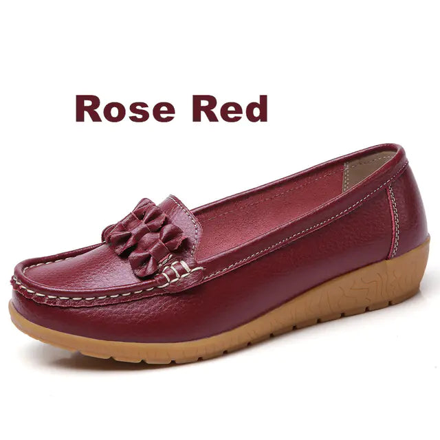 Genuine Leather Slip-On Flats with Bow for Women