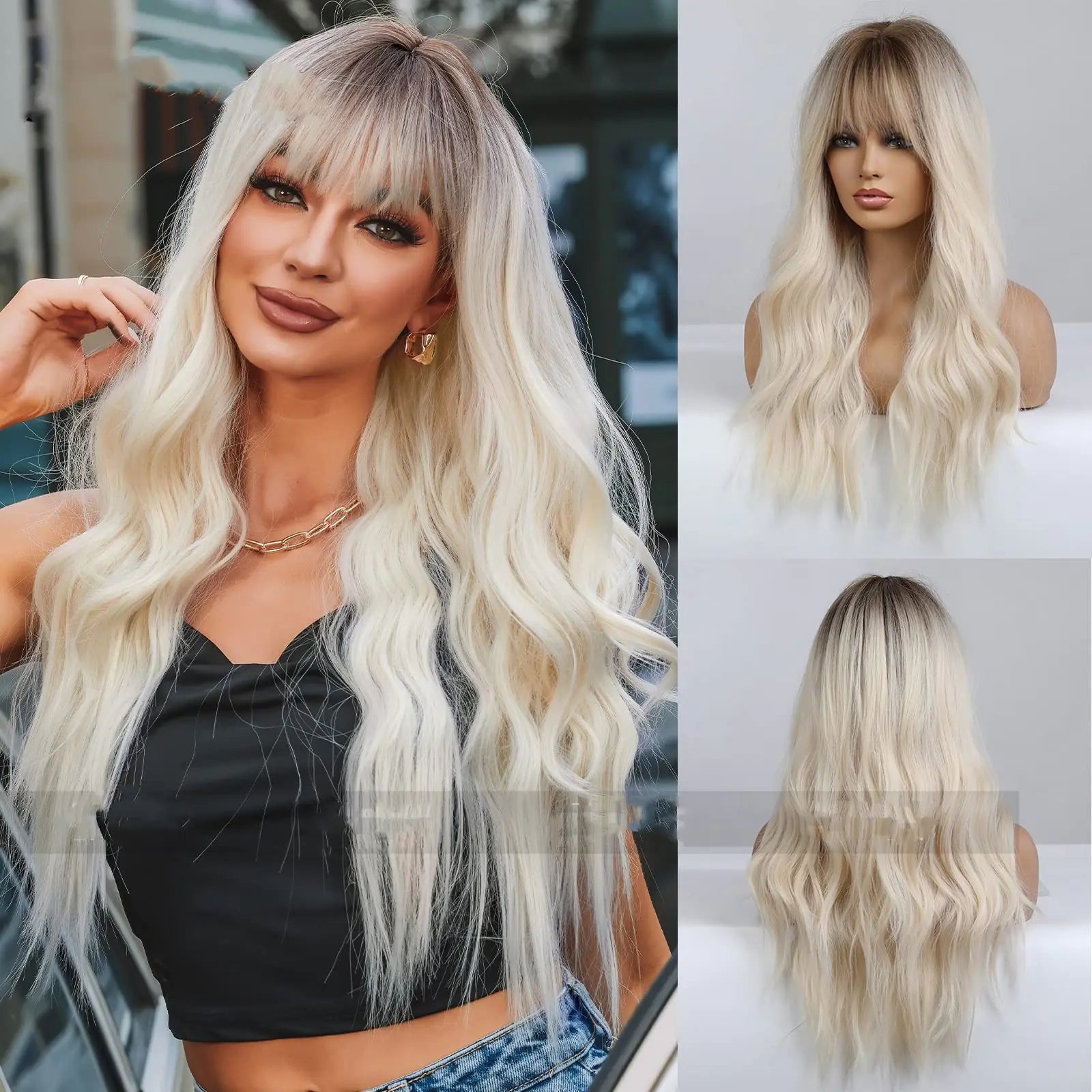 Qi Bangs Long Curly Blonde Brown Wig for Women