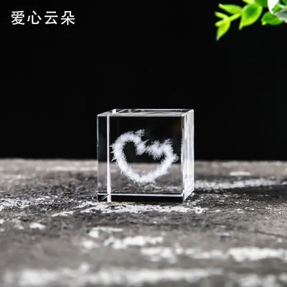 Crystal Cube with Inner Carving of Moon and Clouds