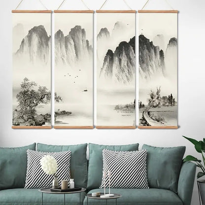 4-Piece Set Black and White Landscape Oil Paintings
