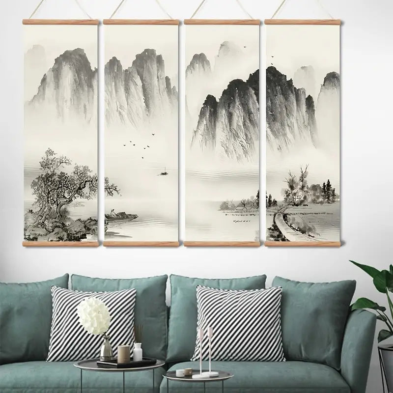 4-Piece Set Black and White Landscape Oil Paintings