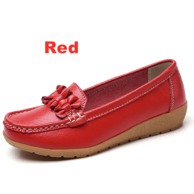 Genuine Leather Slip-On Flats with Bow for Women