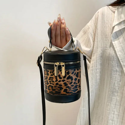 Leopard Print Contrast Color PU Leather Bucket Bag for Women - Urban Style Shoulder Handbag