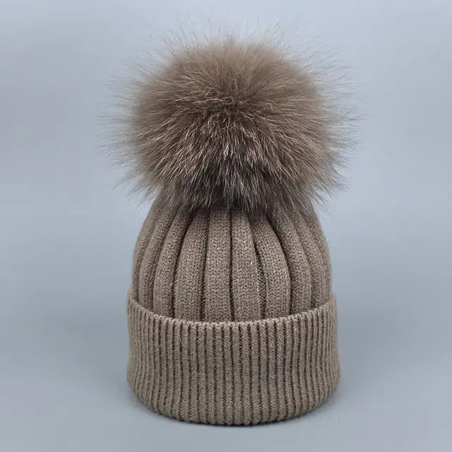 Warm Fox Fur Winter Hat with Ball for Women and Girls