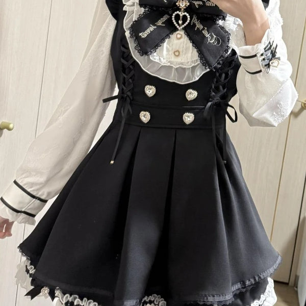 2025 Japanese Sweet Lolita Kawaii Dress Women Spring Printed Bow Fake Two Piece Dress Female Korea Style Design Party Clothing