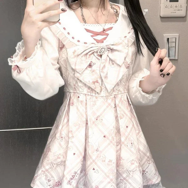 2025 Japanese Sweet Lolita Kawaii Dress Women Spring Printed Bow Fake Two Piece Dress Female Korea Style Design Party Clothing