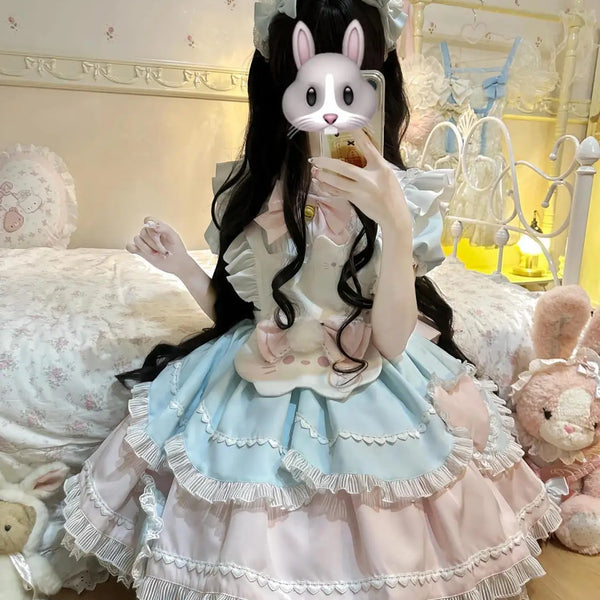 2025 Japanese Sweet Lolita Kawaii Dress Women Spring Printed Bow Fake Two Piece Dress Female Korea Style Design Party Clothing