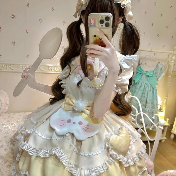 2025 Japanese Sweet Lolita Kawaii Dress Women Spring Printed Bow Fake Two Piece Dress Female Korea Style Design Party Clothing