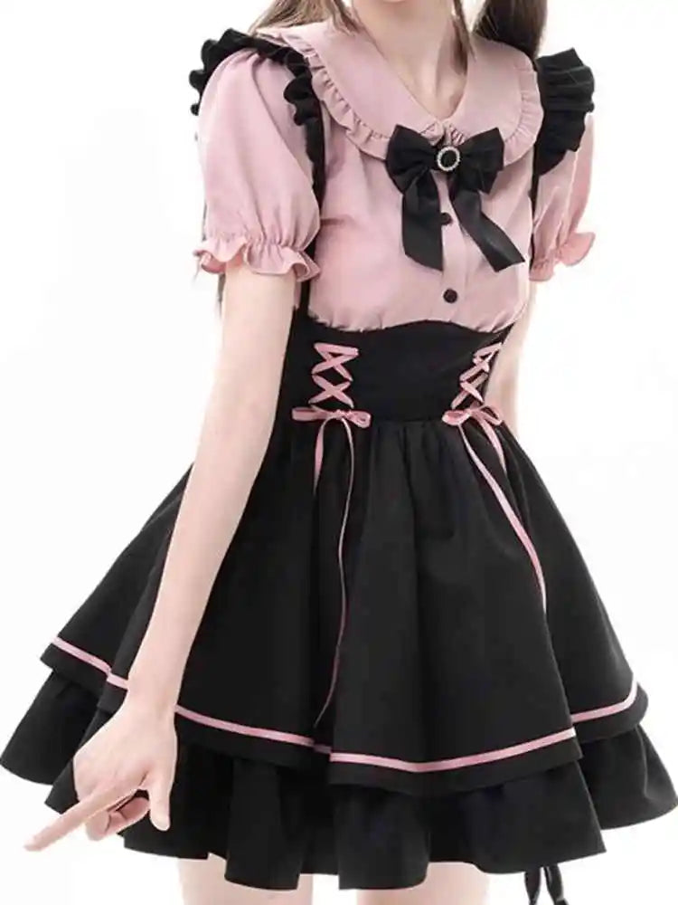 Sweet Lovely Lolita Dr Set Women's School Sle Princ Skirt irt Bib Overalls Two-Piece Set High Waist A-Line Summer D...