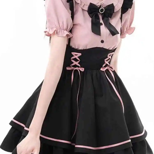 Sweet Lovely Lolita Dr Set Women's School Sle Princ Skirt irt Bib Overalls Two-Piece Set High Waist A-Line Summer D...
