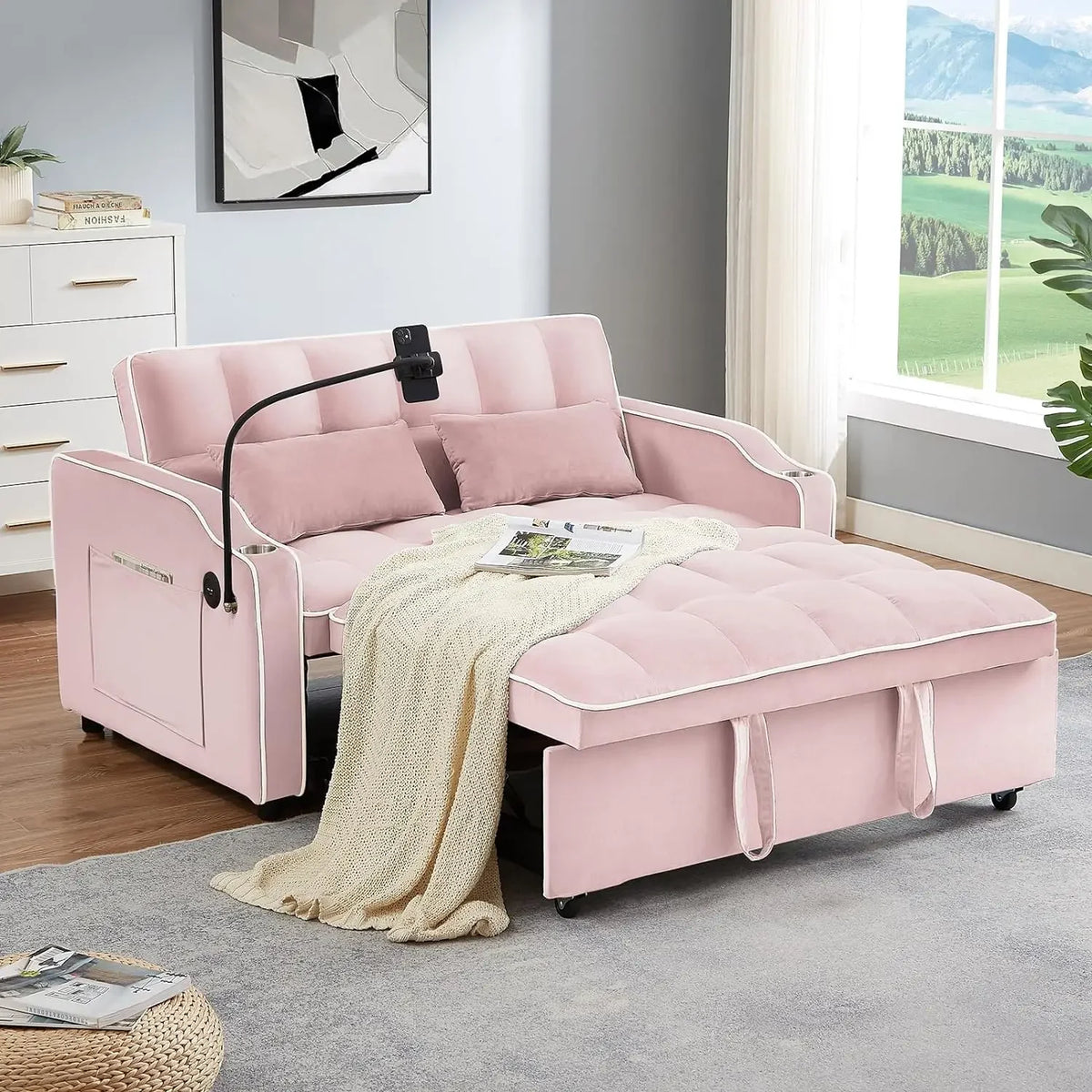 %a 3 in 1 Sleeper Sofa Couch Bed,Velvet Convertible Loveseat Sleeper Sofa Bed,Pull Out Sofa Bed With USB Port & Ashtray
