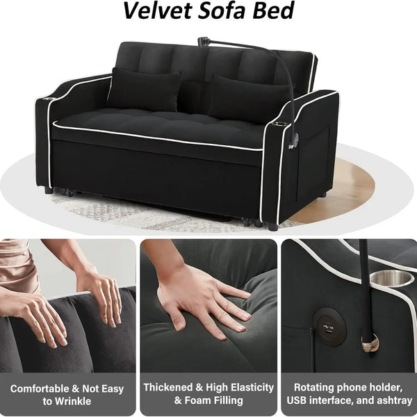 %a 3 in 1 Sleeper Sofa Couch Bed,Velvet Convertible Loveseat Sleeper Sofa Bed,Pull Out Sofa Bed With USB Port & Ashtray