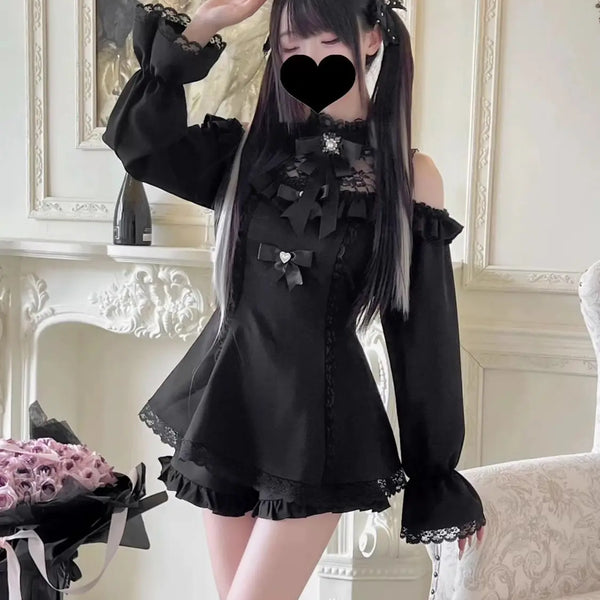 2025 Japanese Sweet Lolita Kawaii Dress Women Spring Printed Bow Fake Two Piece Dress Female Korea Style Design Party Clothing