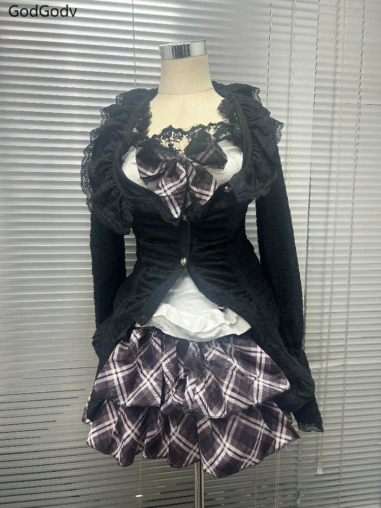 2025 Japanese Sweet Lolita Kawaii Dress Women Spring Printed Bow Fake Two Piece Dress Female Korea Style Design Party Clothing