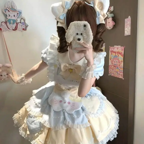 2025 Japanese Sweet Lolita Kawaii Dress Women Spring Printed Bow Fake Two Piece Dress Female Korea Style Design Party Clothing