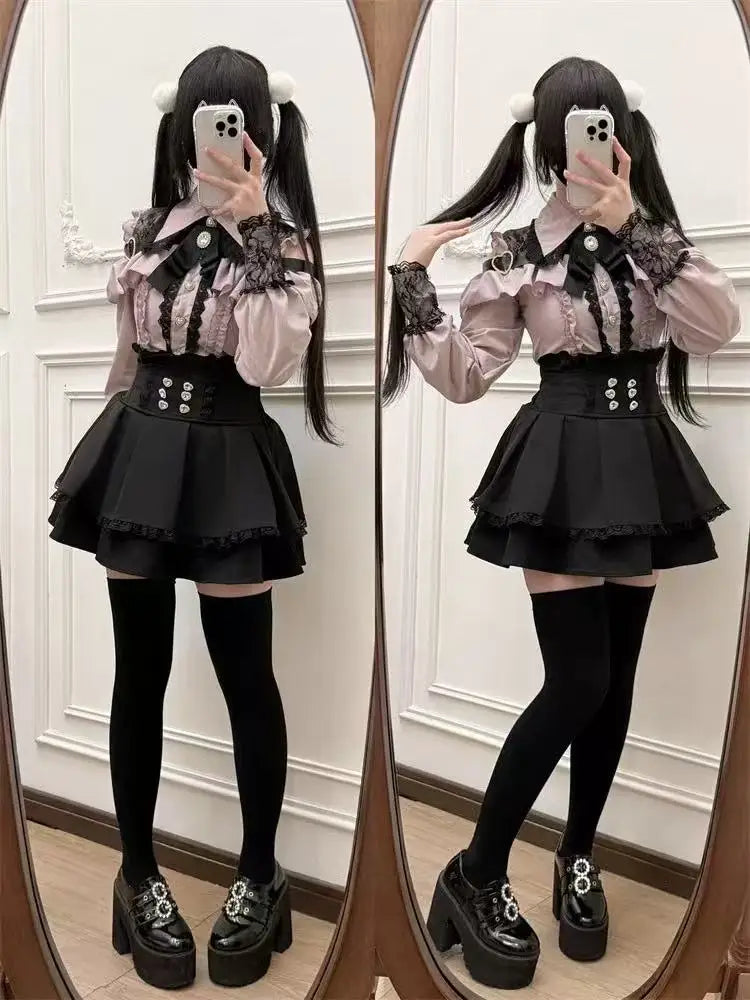 k Academia Sweet Heart Encounter JK orm Two-piece Set Spring Autumn Japanese Sle Girl k oulder Exposure irt p...