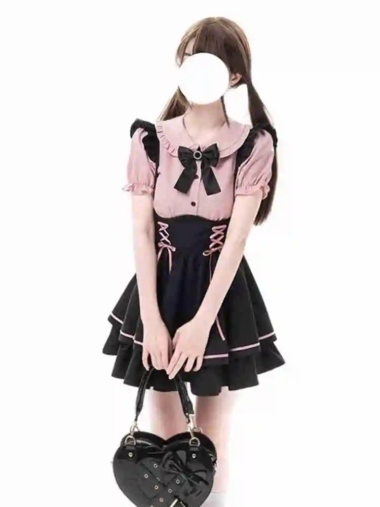Sweet Lovely Lolita Dr Set Women's School Sle Princ Skirt irt Bib Overalls Two-Piece Set High Waist A-Line Summer D...