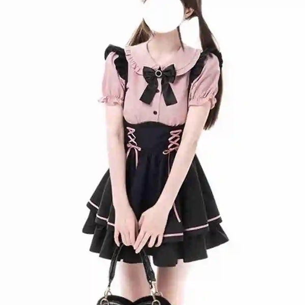 Sweet Lovely Lolita Dr Set Women's School Sle Princ Skirt irt Bib Overalls Two-Piece Set High Waist A-Line Summer D...