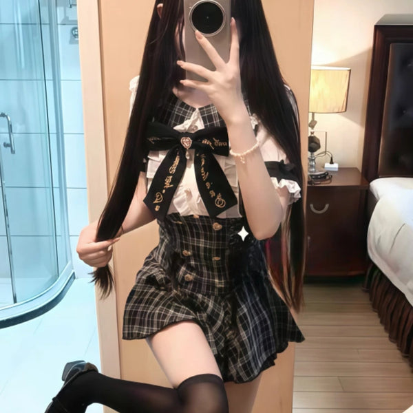 2025 Japanese Sweet Lolita Kawaii Dress Women Spring Printed Bow Fake Two Piece Dress Female Korea Style Design Party Clothing
