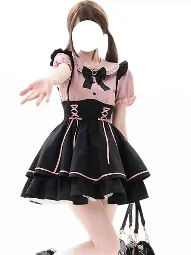 Sweet Lovely Lolita Dr Set Women's School Sle Princ Skirt irt Bib Overalls Two-Piece Set High Waist A-Line Summer D...