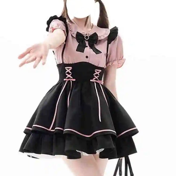 Sweet Lovely Lolita Dr Set Women's School Sle Princ Skirt irt Bib Overalls Two-Piece Set High Waist A-Line Summer D...