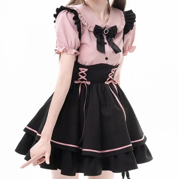 Sweet Lovely Lolita Dr Set Women's School Sle Princ Skirt irt Bib Overalls Two-Piece Set High Waist A-Line Summer D...