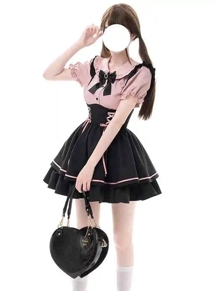 Sweet Lovely Lolita Dr Set Women's School Sle Princ Skirt irt Bib Overalls Two-Piece Set High Waist A-Line Summer D...