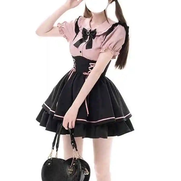 Sweet Lovely Lolita Dr Set Women's School Sle Princ Skirt irt Bib Overalls Two-Piece Set High Waist A-Line Summer D...