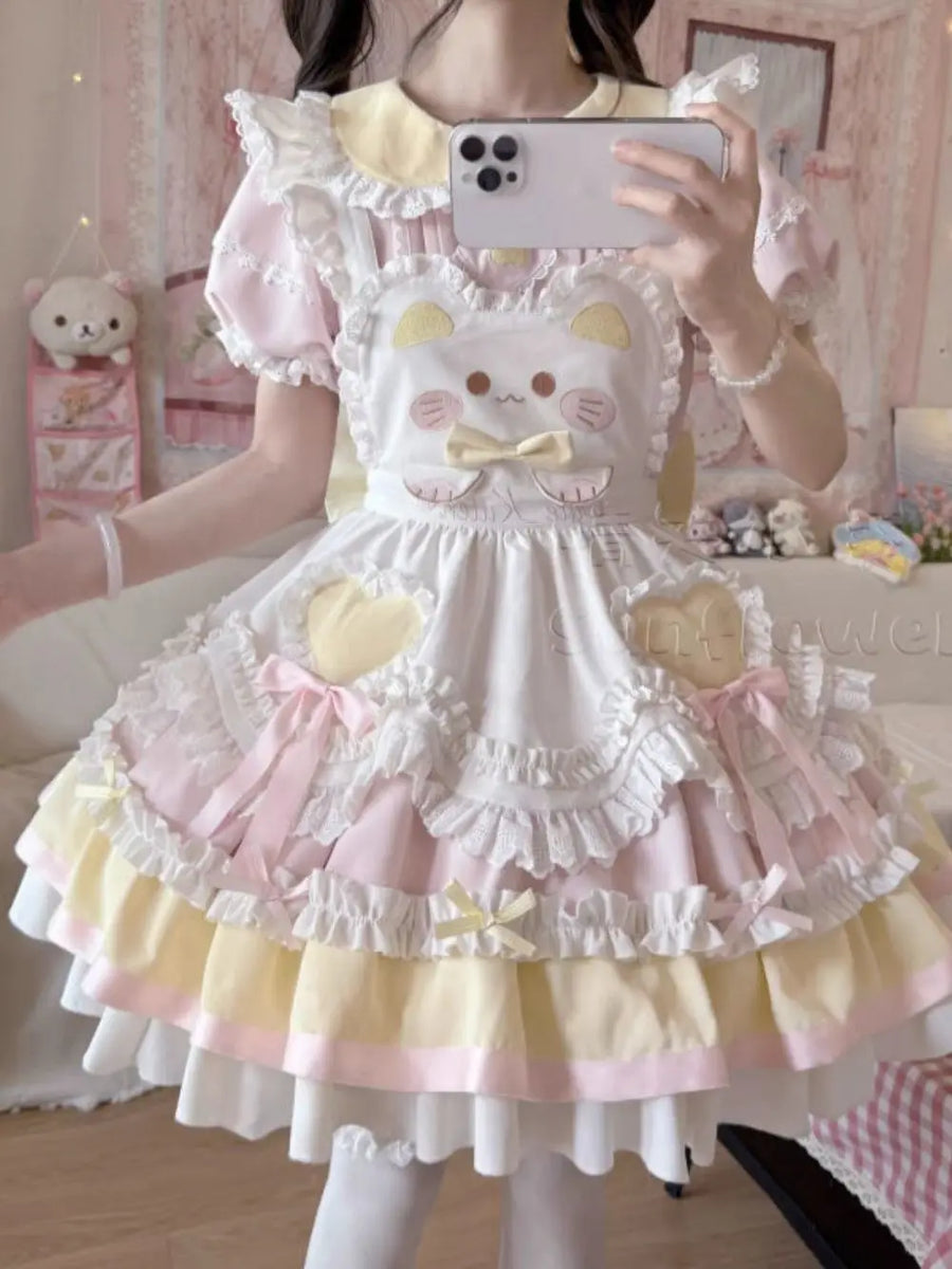 2025 Japanese Sweet Lolita Kawaii Dress Women Spring Printed Bow Fake Two Piece Dress Female Korea Style Design Party Clothing