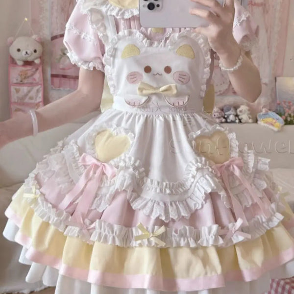2025 Japanese Sweet Lolita Kawaii Dress Women Spring Printed Bow Fake Two Piece Dress Female Korea Style Design Party Clothing