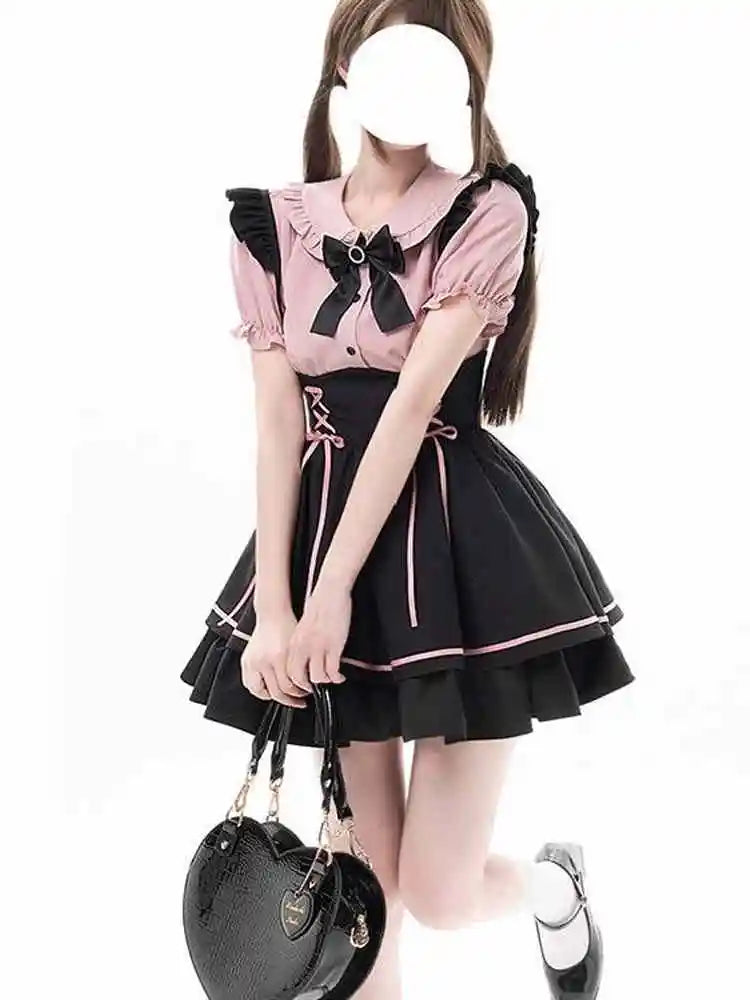 Sweet Lovely Lolita Dr Set Women's School Sle Princ Skirt irt Bib Overalls Two-Piece Set High Waist A-Line Summer D...