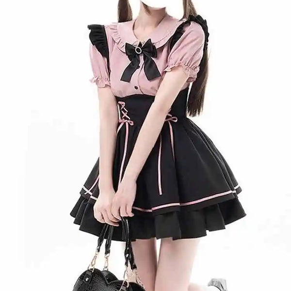 Sweet Lovely Lolita Dr Set Women's School Sle Princ Skirt irt Bib Overalls Two-Piece Set High Waist A-Line Summer D...