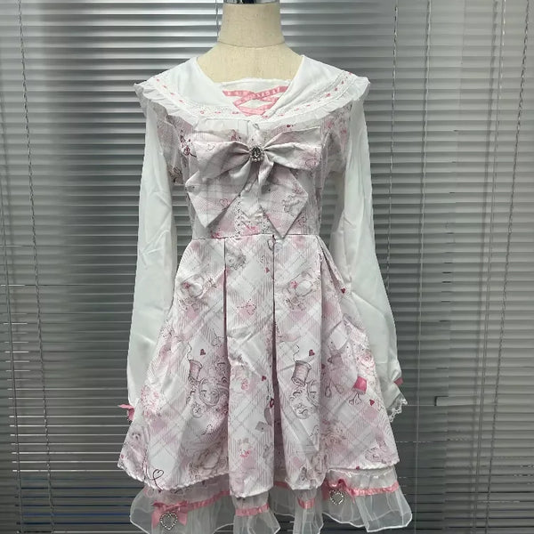 2025 Japanese Sweet Lolita Kawaii Dress Women Spring Printed Bow Fake Two Piece Dress Female Korea Style Design Party Clothing