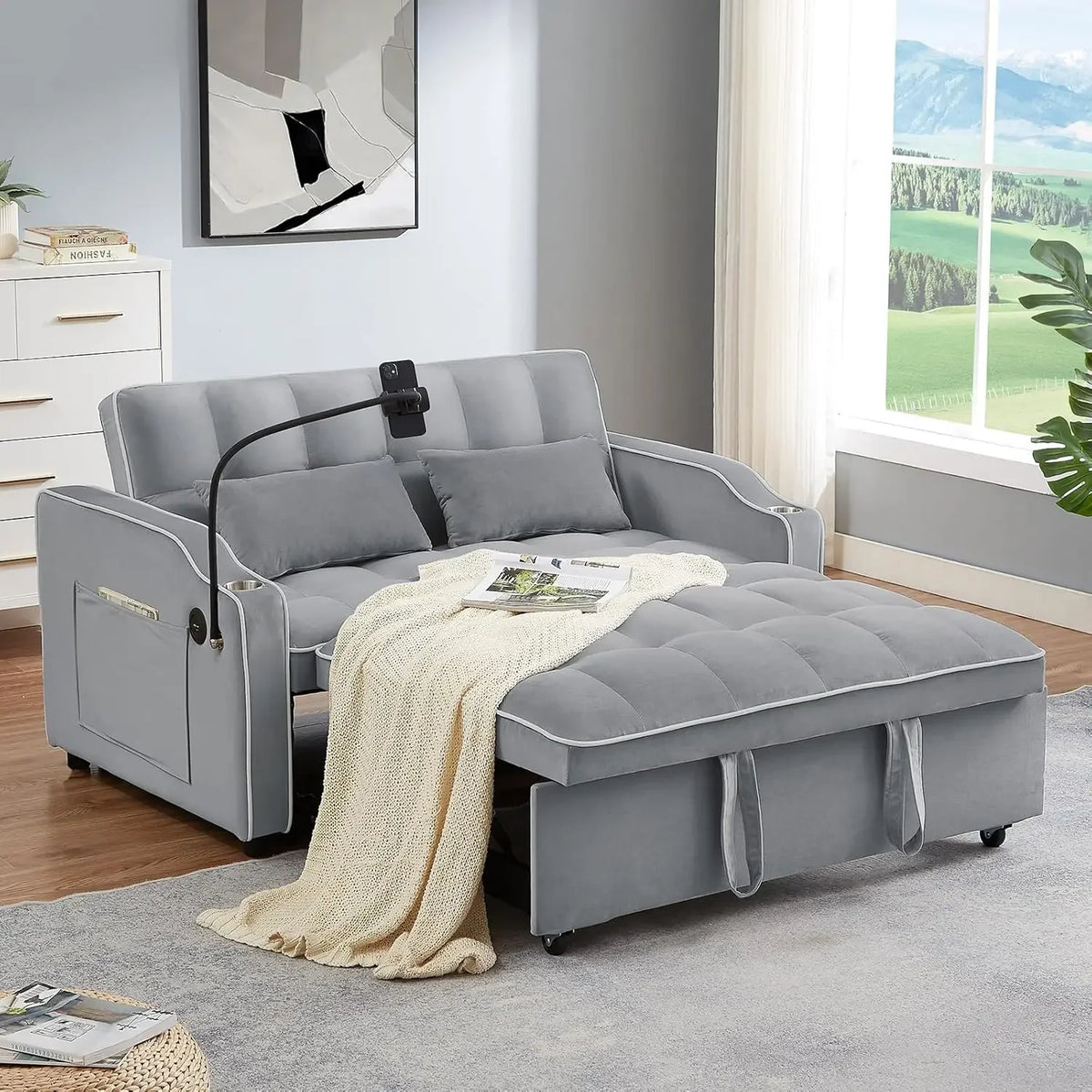%a 3 in 1 Sleeper Sofa Couch Bed,Velvet Convertible Loveseat Sleeper Sofa Bed,Pull Out Sofa Bed With USB Port & Ashtray