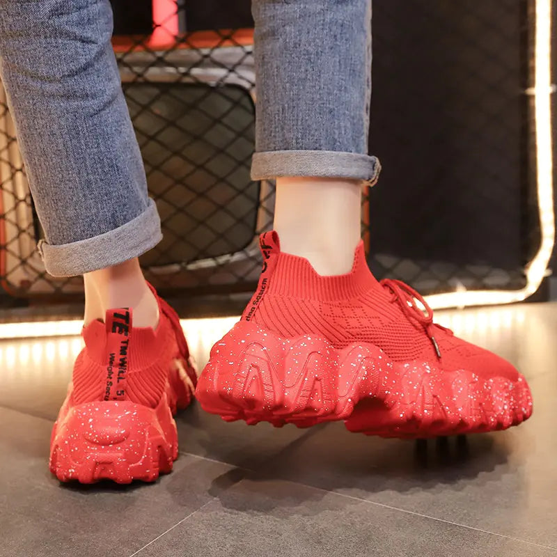 Red Women's Breathable Platform Sneakers (Casual & Stylish)