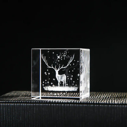 Crystal Cube with Inner Carving of Moon and Clouds
