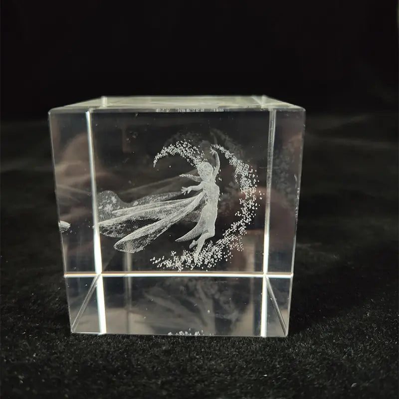 Crystal Cube with Inner Carving of Moon and Clouds