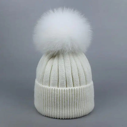 Warm Fox Fur Winter Hat with Ball for Women and Girls