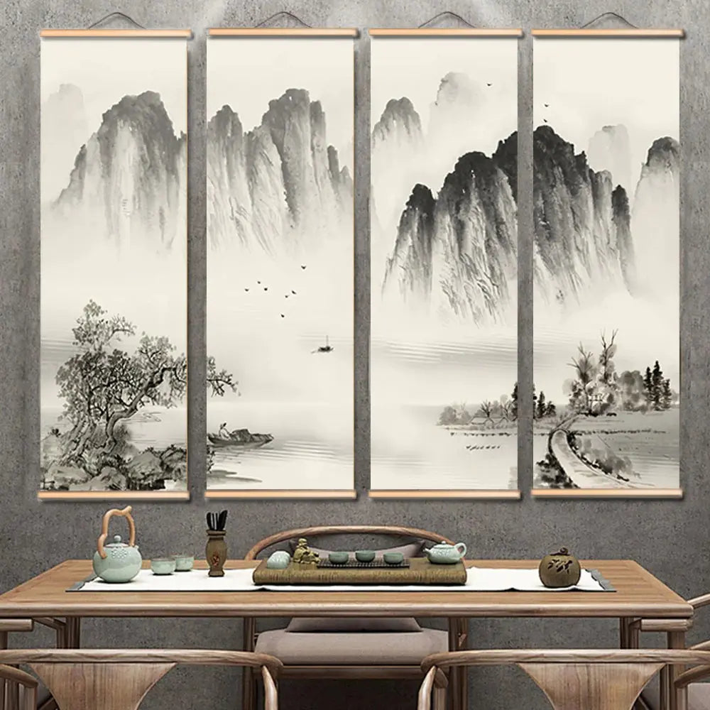 4-Piece Set Black and White Landscape Oil Paintings
