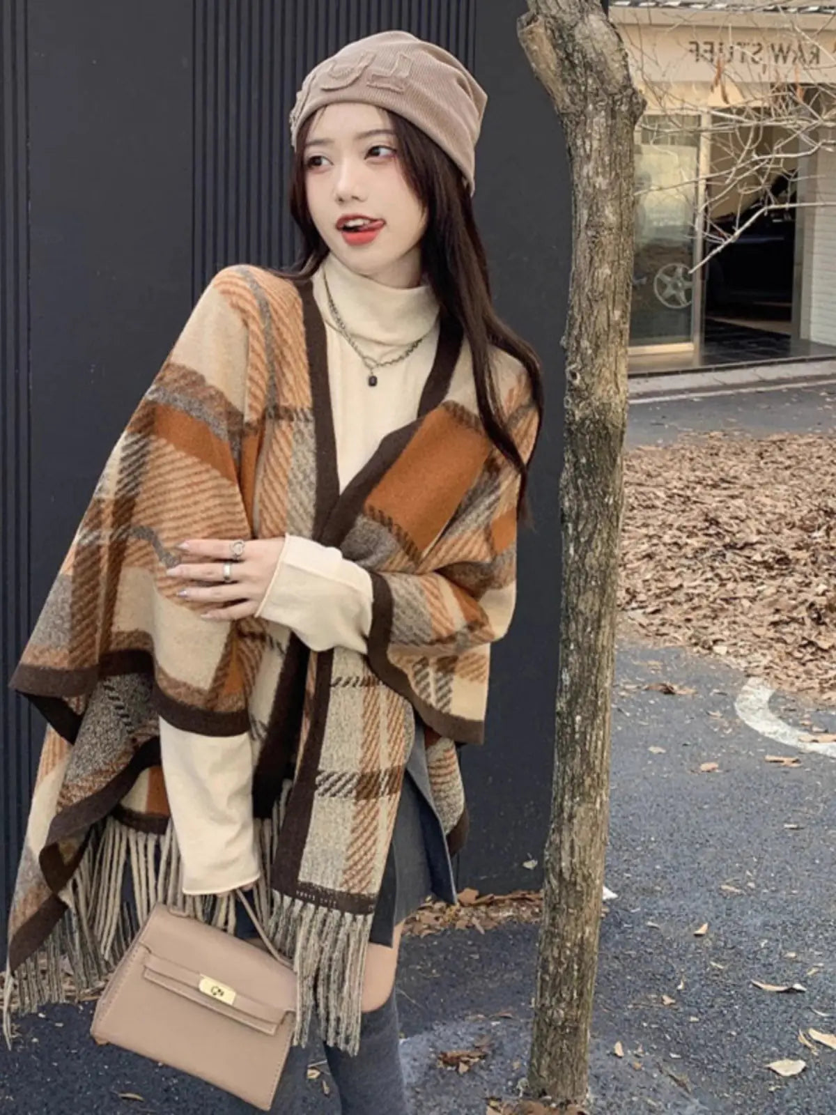 UK Plaid Korean Style Cape Scarf for Women Fall 2023