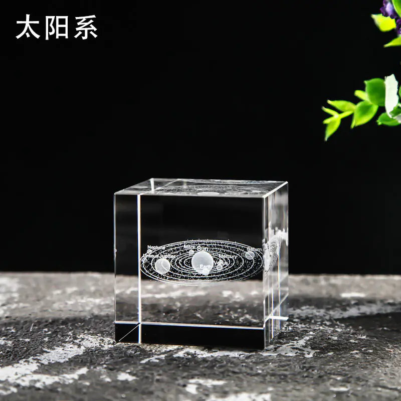 Crystal Cube with Inner Carving of Moon and Clouds