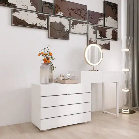 Extended Desktop 10 Drawers Chest Of Drawer Without Handle White Color Vanity
