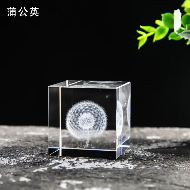 Crystal Cube with Inner Carving of Moon and Clouds
